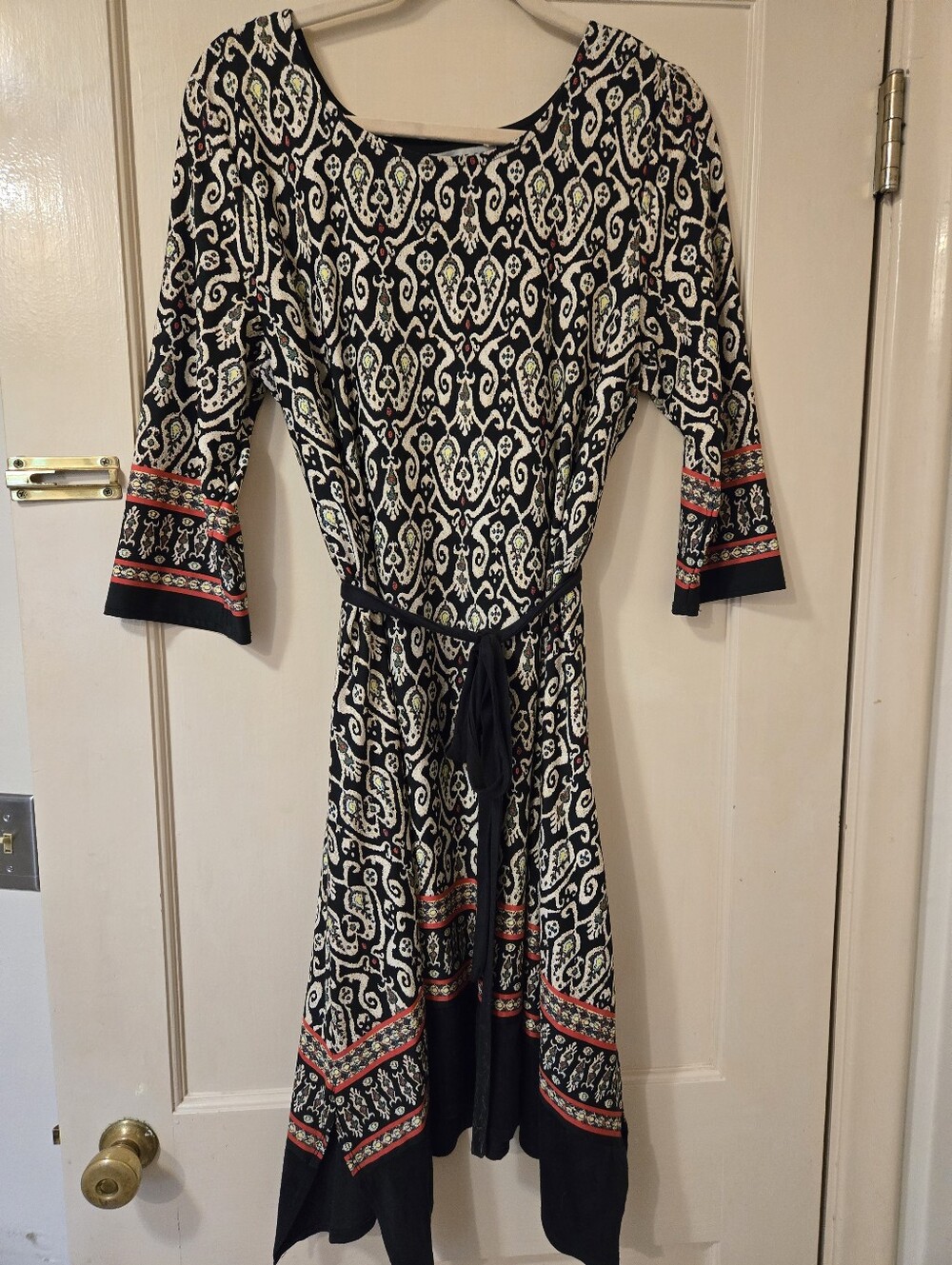 Navy and Cream Patterned Tie-Waist Women's Dress